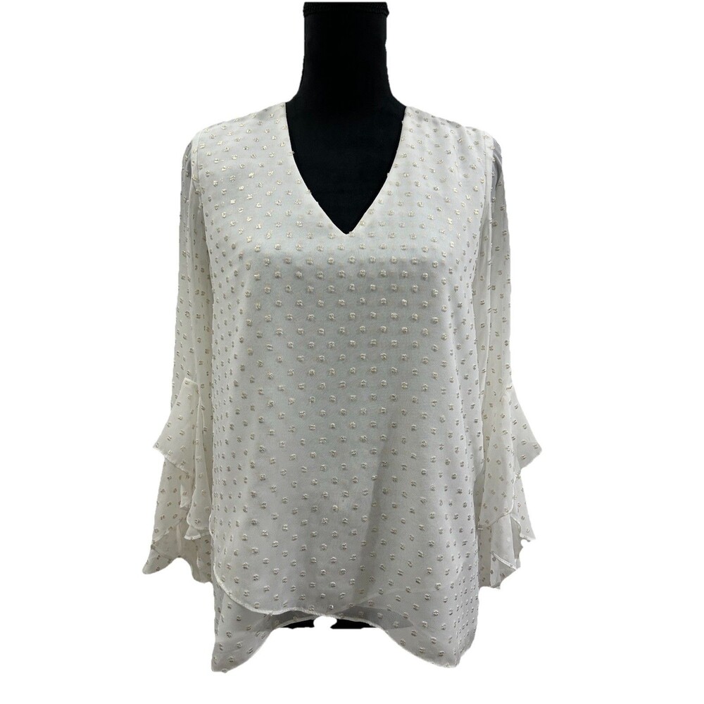 Vince Camuto  Womens Small Top White V Neck Ruffle Flounce 3/4 Sleeves